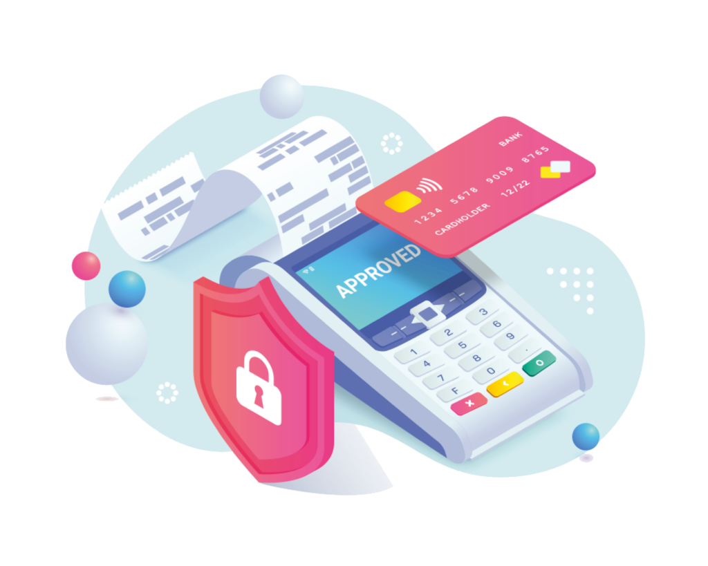 Secure contactless payment via credit card isometric abstract concept. 3d payment machine, plastic debit card behind shield. Cashless transaction protection, NFC payment safety. Vector illustration.